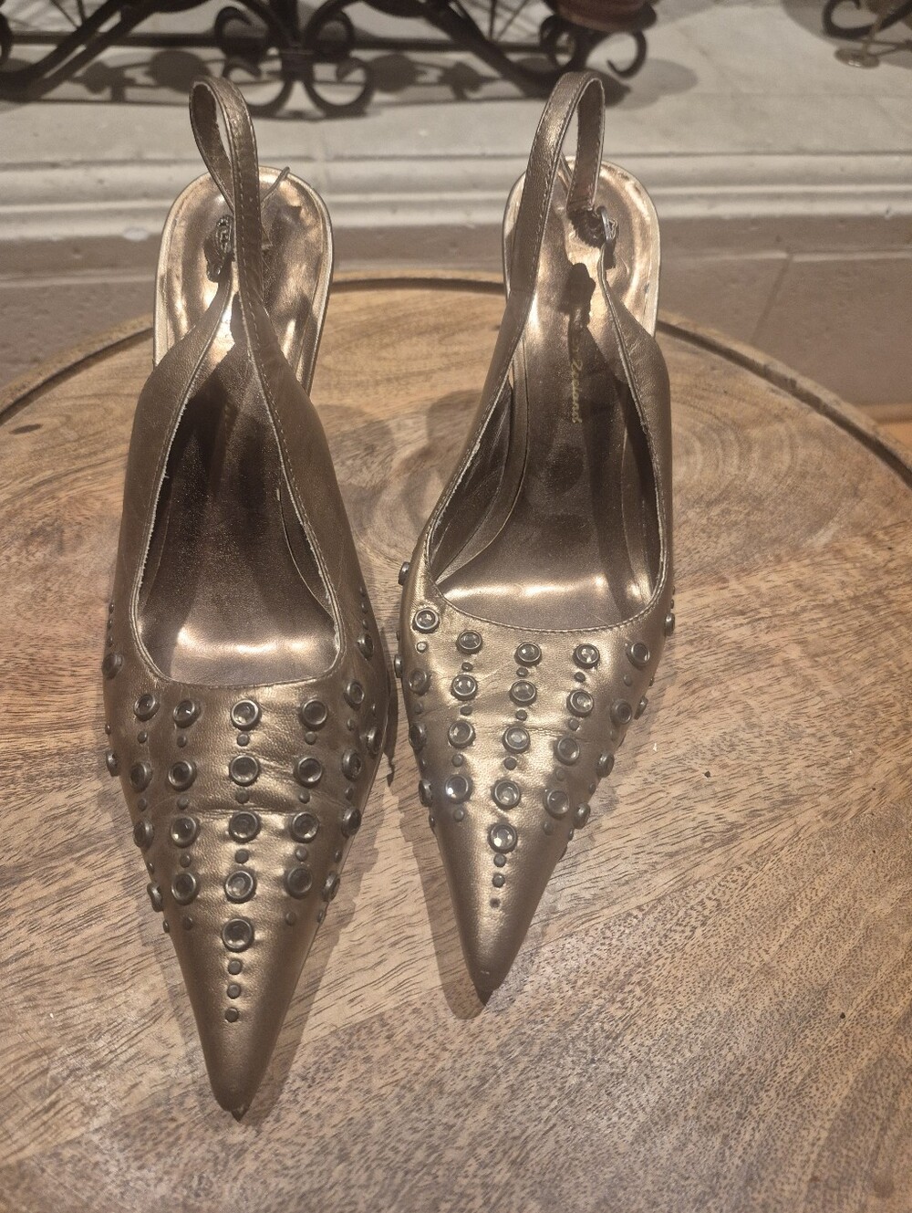 Vintage Designer Metallic Studded Slingback Pointed-Toe Pumps - Bronze